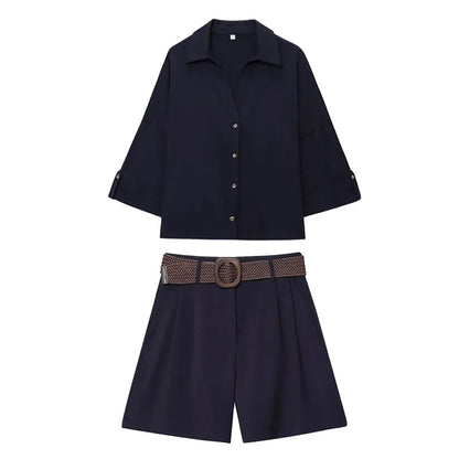HH Women Elegant Turn-Down Collar Single-Breasted Shirts Top+Chic Mid Waist Belt Decoration Zipper Casual Shorts 2-Piece Set