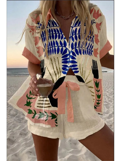 Casual Women Printed Blouse Shorts Two Pieces Sets Lapel Short Sleeve Button Shirt Suit Female New Summer Beach Holiday Outfits
