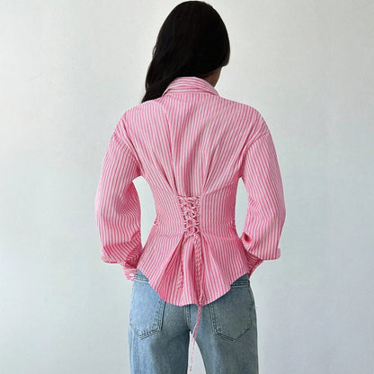Autumn New Women's Long-sleeved Shirts Waist Striped Lapels Fashion and Versatile Commuting Casual Tops Inner Blouses for Female