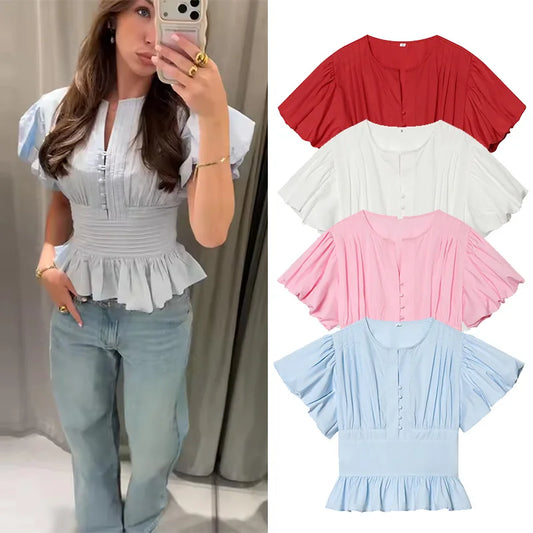 Women's Puff Sleeve Blouse New 2026 Spring Summer Vintage Simple O Neck Button Women Pintuck Shirts & Blouses Chic Female Tops