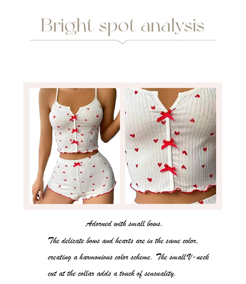 Women's Pajama Set Heart Print Soft Ribbed Fabric Sleepwear with Flirty Frill Trim Casual Cami Top and Shorts Sets Loungewear