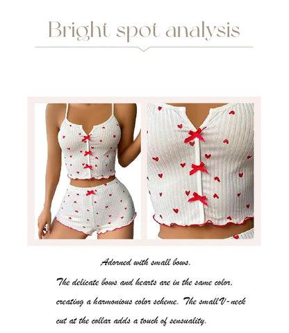 Women's Pajama Set Heart Print Soft Ribbed Fabric Sleepwear with Flirty Frill Trim Casual Cami Top and Shorts Sets Loungewear