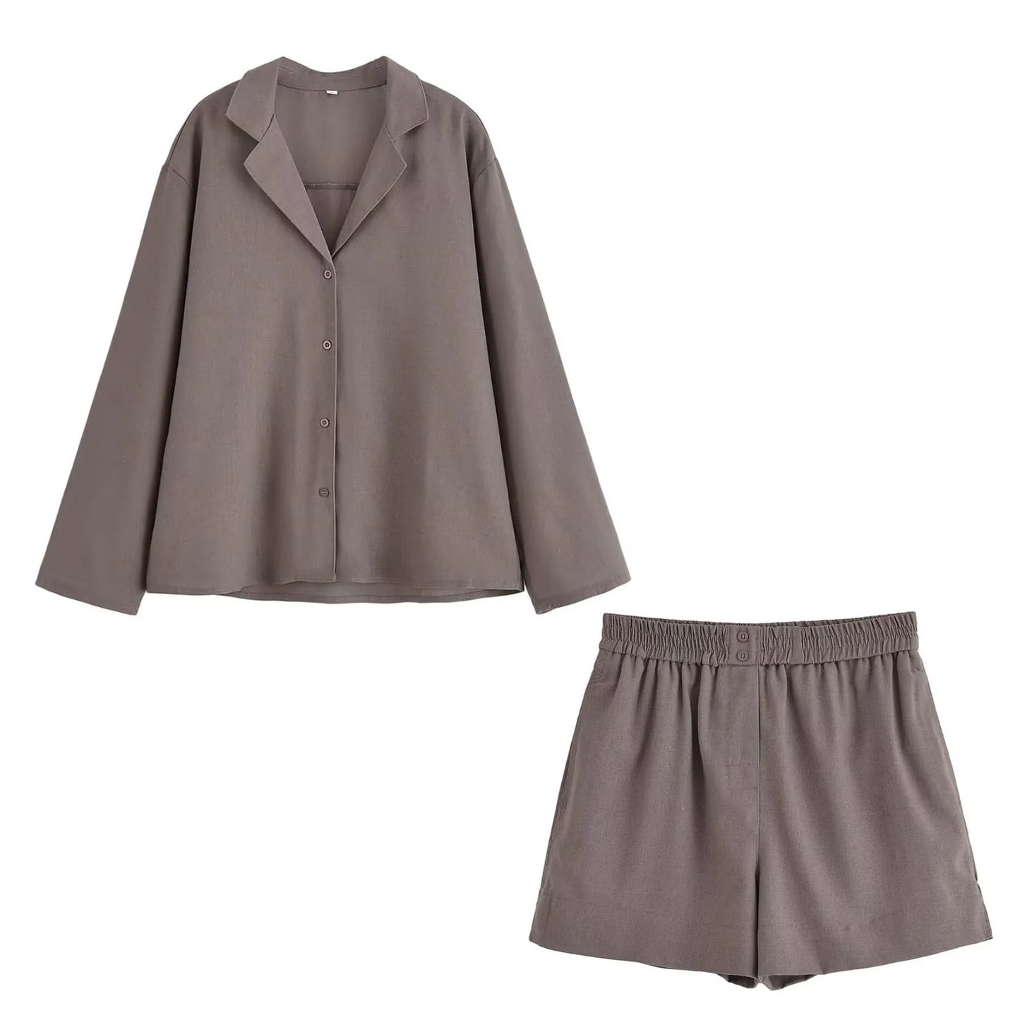 HH Women Casual Shorts Suit Lapel Single-Breasted Long Sleeves Shirt Top+Summer Elastic Waist Pocket Design Elegant Shorts