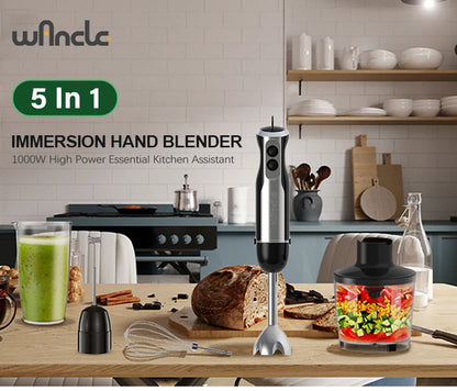 Wancle Electric Immersion Hand Blender Mixer 1000W 5 in 1 Powerful Kitchen Blender for Egg Whisk Meat Grinder Food Processor