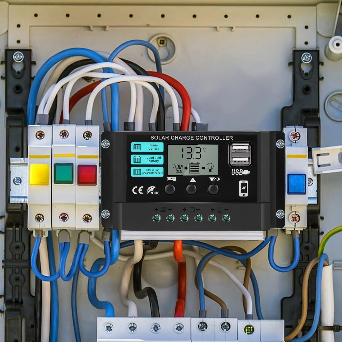 12V/24V 100A Solar Charge Controller AutoSwitch LCD Display with Overcharge/Short Circuit Protection for RV Boat Off-Grid System