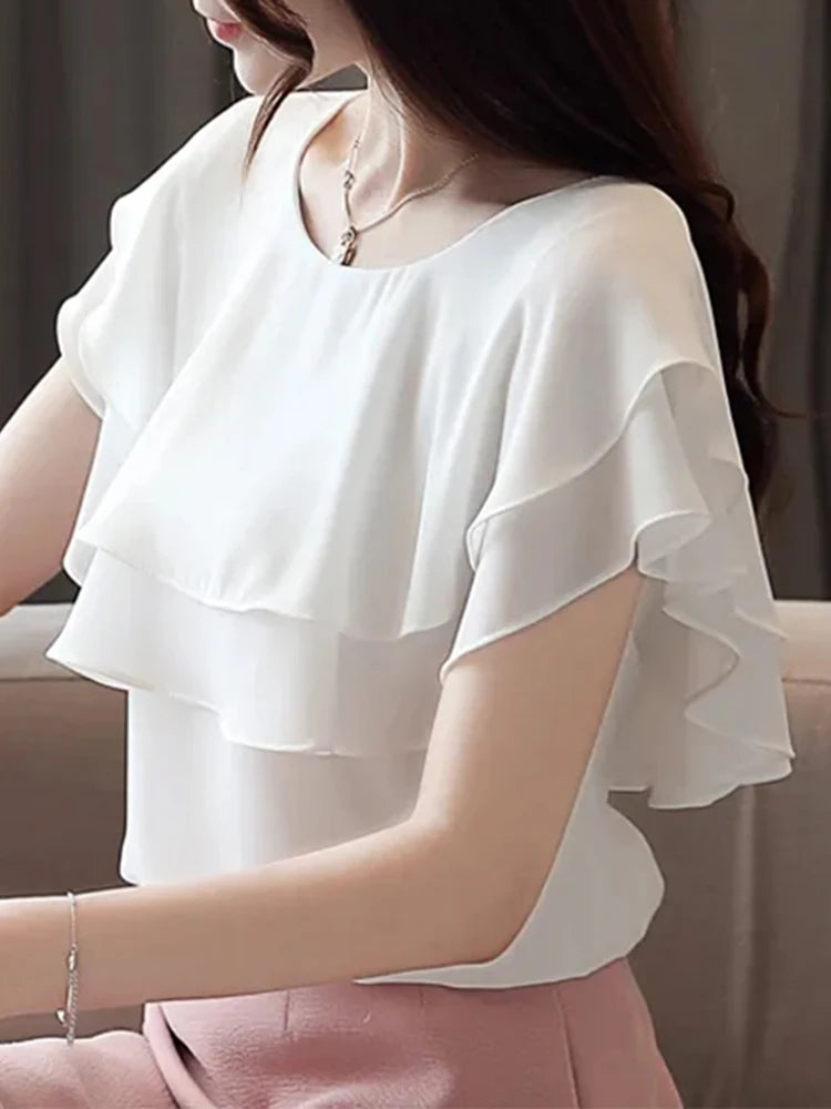 ZANZEA 2025 Women Shirts Vintage Round Neck Short Sleeve Blouses Fashion Double Ruffled Blusas Casual Pleated Solid Tops Femme