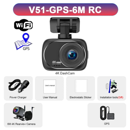 Dash Cam 4K UHD Recording Car Camera DVR Night Vision Video Recorder GPS Wi-Fi Support Dual Lens 4K Rear View Camera