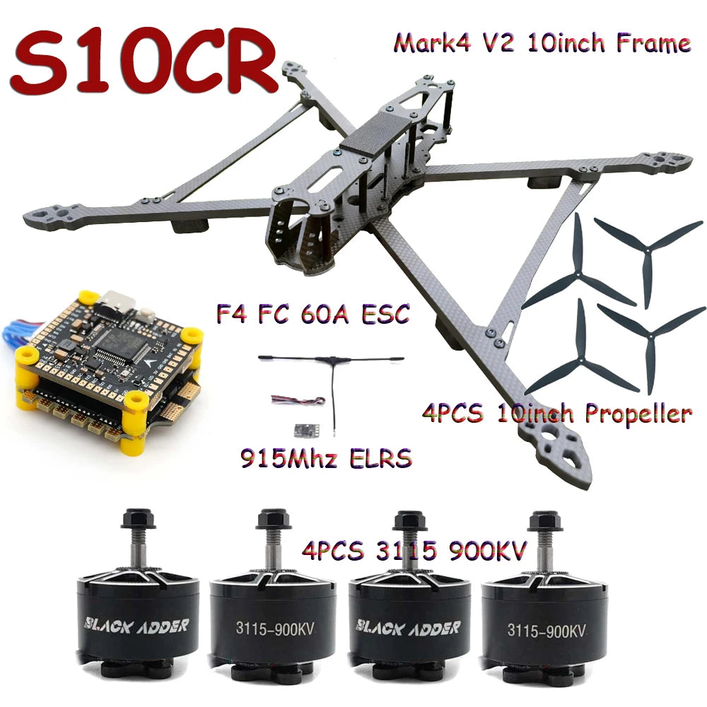 Mark4 V2 10inch FPV Frame Combo Set F405 V3S FC 60A 4-in-1 ESC 3115 900KV Motor Propeller ELRS for RC FPV Freestyle Racing Drone