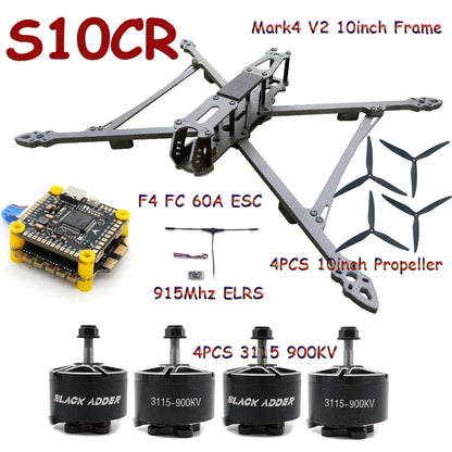 Mark4 V2 10inch FPV Frame Combo Set F405 V3S FC 60A 4-in-1 ESC 3115 900KV Motor Propeller ELRS for RC FPV Freestyle Racing Drone