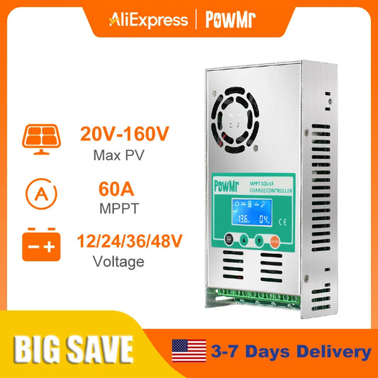 PowMr MPPT 60A Solar Charge Controller 12V 24V 36V 48V Auto Max PV 160VDC For Lead Acid Lithium Battery