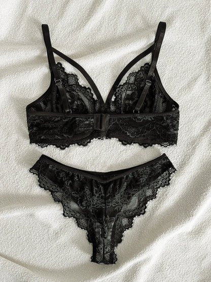 Women's Sexy Push Up Bra & Brazilian Panties Set - Lace Underwire Sheer Mesh Lingerie, Adjustable Straps Comfort Fit for Daily