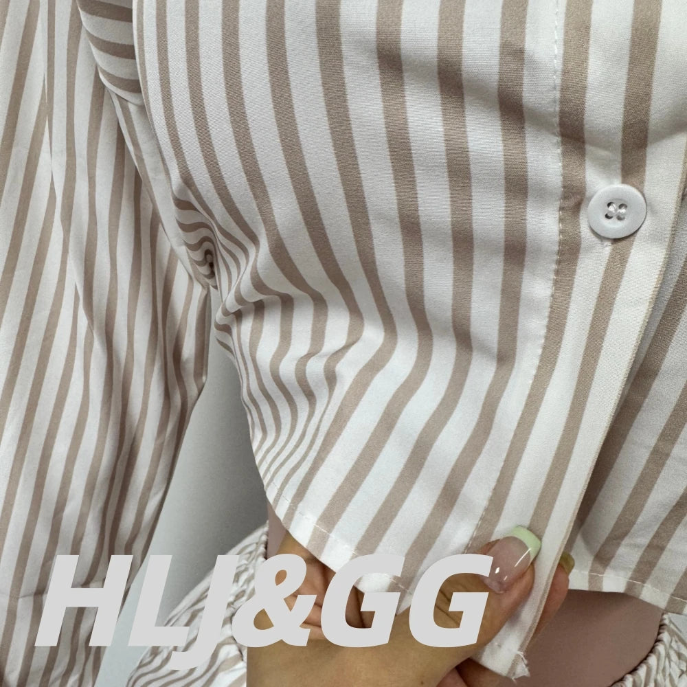 HLJ Spring Summer Ladies Shorts Outfits Stripes Crop Shirt Top + Shorts Two Piece Set Casual Matching Women 2 Piece Clothing Set