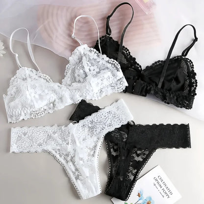 Women Lace Bra and Panties Set Sheer Floral Lace Wireless Bralette Sexy No Pad Lingerie Set Low Rise T-back Panty Underwear Set