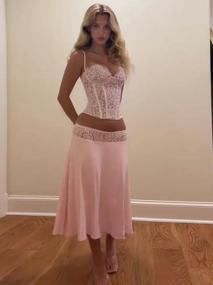 Fashion Women's Pink Lace Corset Skirt Set Slim Sleeveless Waist Cinching Strap Top Loose Skirts 2026 Summer Lady Party Outfits