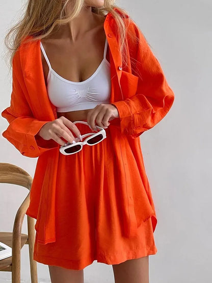 Summer Women's Suit Shirt and Short Sets Solid Color Casual Cotton and Linen Blouse and Shorts Two Piece Sets Women Outfit 2026
