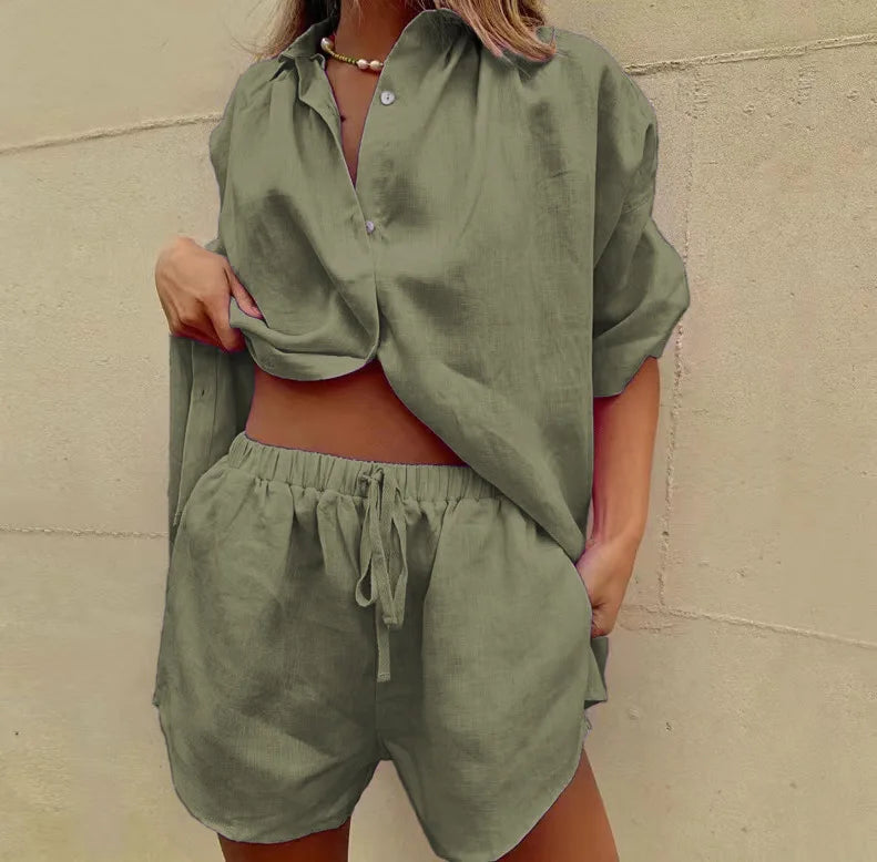 2024 Summer New Women's 2-piece set Solid Single breasted Short sleeve Shirt Two piece Set Wide Leg Lace-up Shorts For Women