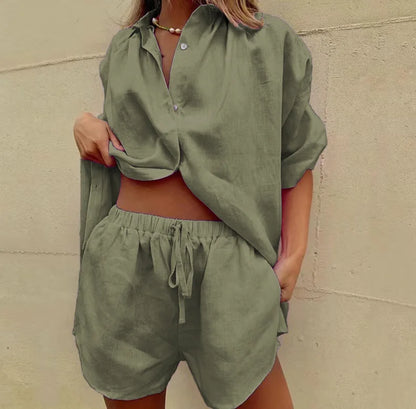 2024 Summer New Women's 2-piece set Solid Single breasted Short sleeve Shirt Two piece Set Wide Leg Lace-up Shorts For Women