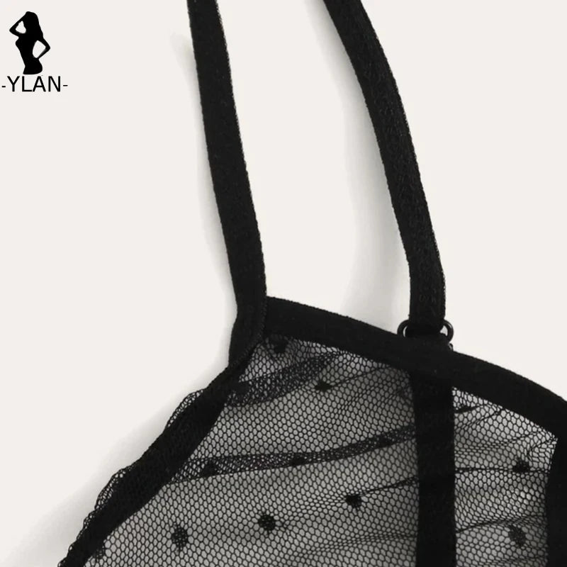 Bra set Women Sexy Mesh Lingerie Set Polka Dot Transparent Harness Lingerie Hollow Out Bralette+Garter+Thong 3pcs Underwear Set