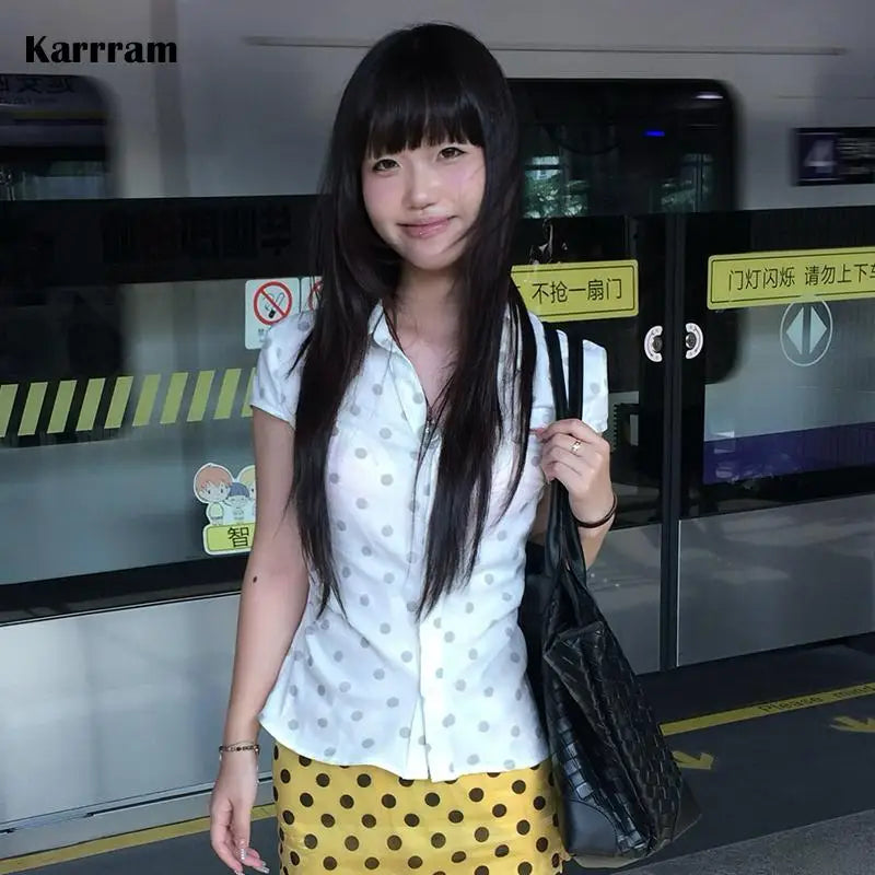 Karrram Japanese Y2k Polka Dots Shirt 2000s Style Aesthetics V-neck Blouses Vintage Harajuku Short Sleeve Shirt Korean Retro 90s