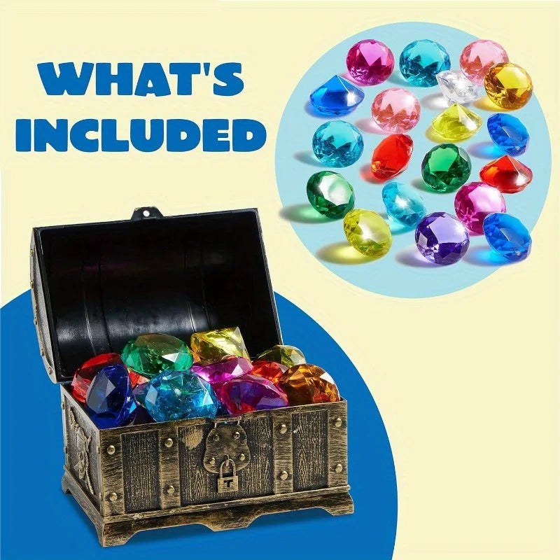 Joyfy Diving Gems Pool Toys 16 Big Colorful Diamond with Pirate Treasure Chest for Kids Underwater Gemstone Swimming Train Gift