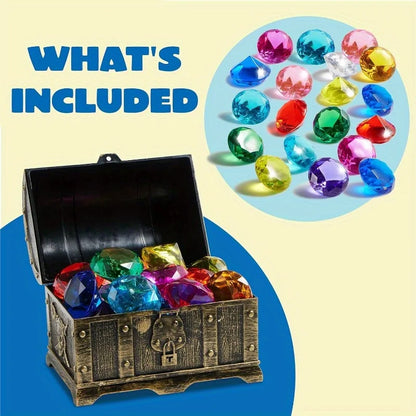 Joyfy Diving Gems Pool Toys 16 Big Colorful Diamond with Pirate Treasure Chest for Kids Underwater Gemstone Swimming Train Gift