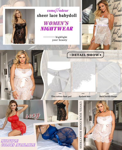 Comeondear Women Sleepwear Floral Lace Nightgown Valentine's Sheer Nighty Dresses Sexy Babydoll Adult Hot Lingerie with Thong