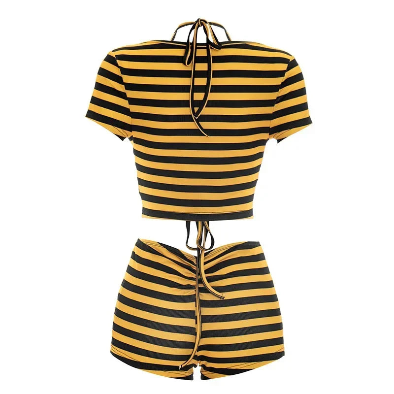 Women Striped Print 3 Piece Short Sets Summer Sexy Halter Lace-up Bra Short Sleeve Crop Top Shorts Matching Sets Beach Vacation