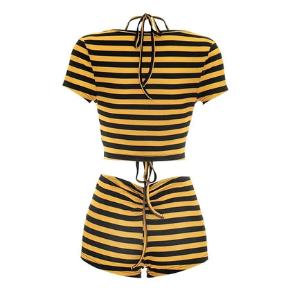 Women Striped Print 3 Piece Short Sets Summer Sexy Halter Lace-up Bra Short Sleeve Crop Top Shorts Matching Sets Beach Vacation