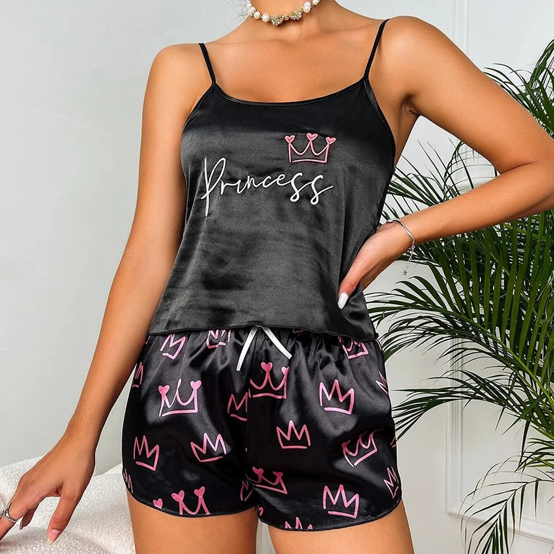 Women Sexy V Neck Sleepwear Heart Print Satin Pajama Set for Summer Cami Tops and Shorts Pajamas 2 Piece Loungewear Home Clothes