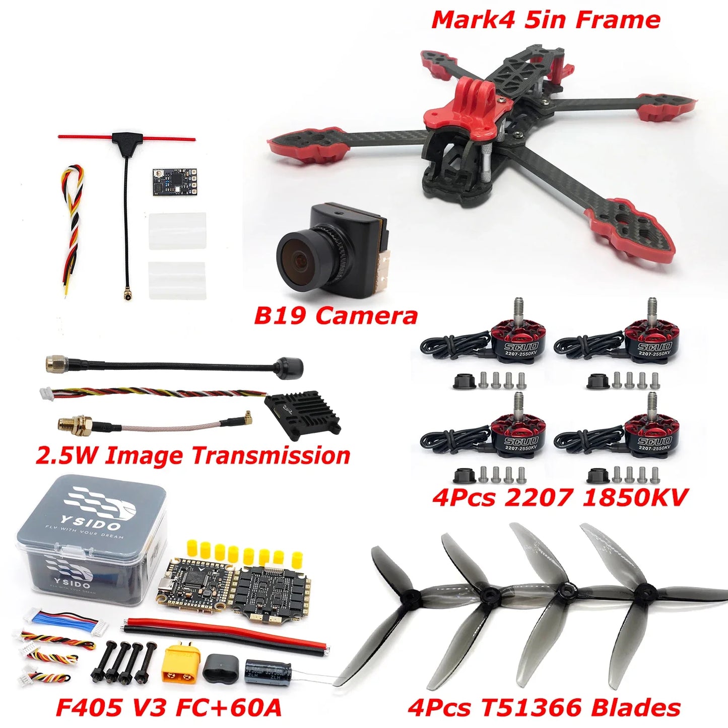 Mark4 5inch Frame Kit F405 V3 FC 60A ESC Stack 2207 1850KV Brushless Motor Propeller B19 Camera 915MHz ELRS RC FPV Racing Drone