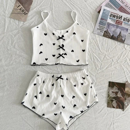 Women's Pajama Set Heart Print Soft Ribbed Fabric Sleepwear with Flirty Frill Trim Casual Cami Top and Shorts Sets Loungewear