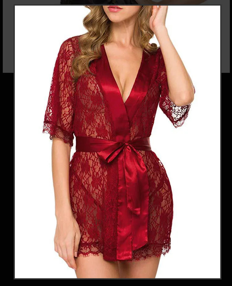 New Hot Sexy Women Floral Lace Lingerie V-Neck Sheer Mesh Nightgown Comfortable Ladies Kimono Nightdress Sleepwear