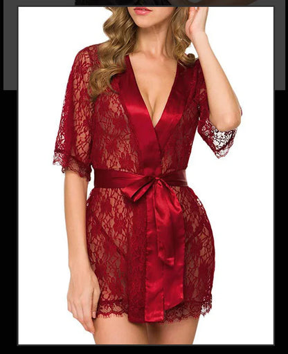 New Hot Sexy Women Floral Lace Lingerie V-Neck Sheer Mesh Nightgown Comfortable Ladies Kimono Nightdress Sleepwear