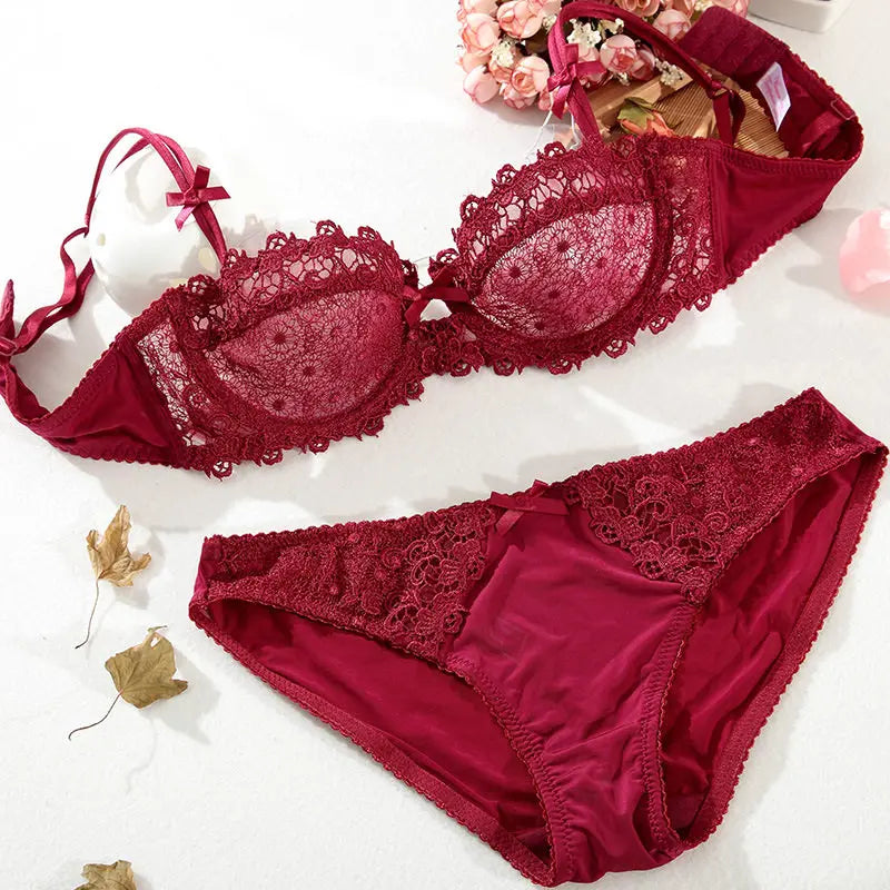 New Arrival Sweet Spicy Lace Lingerie Set Ultra Thin Half Cup Push Up Bra Soft Underwire Anti Sag Comfortable Women Wear