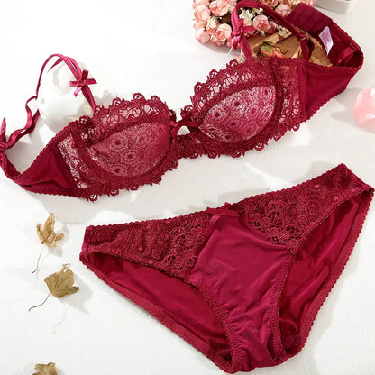 New Arrival Sweet Spicy Lace Lingerie Set Ultra Thin Half Cup Push Up Bra Soft Underwire Anti Sag Comfortable Women Wear