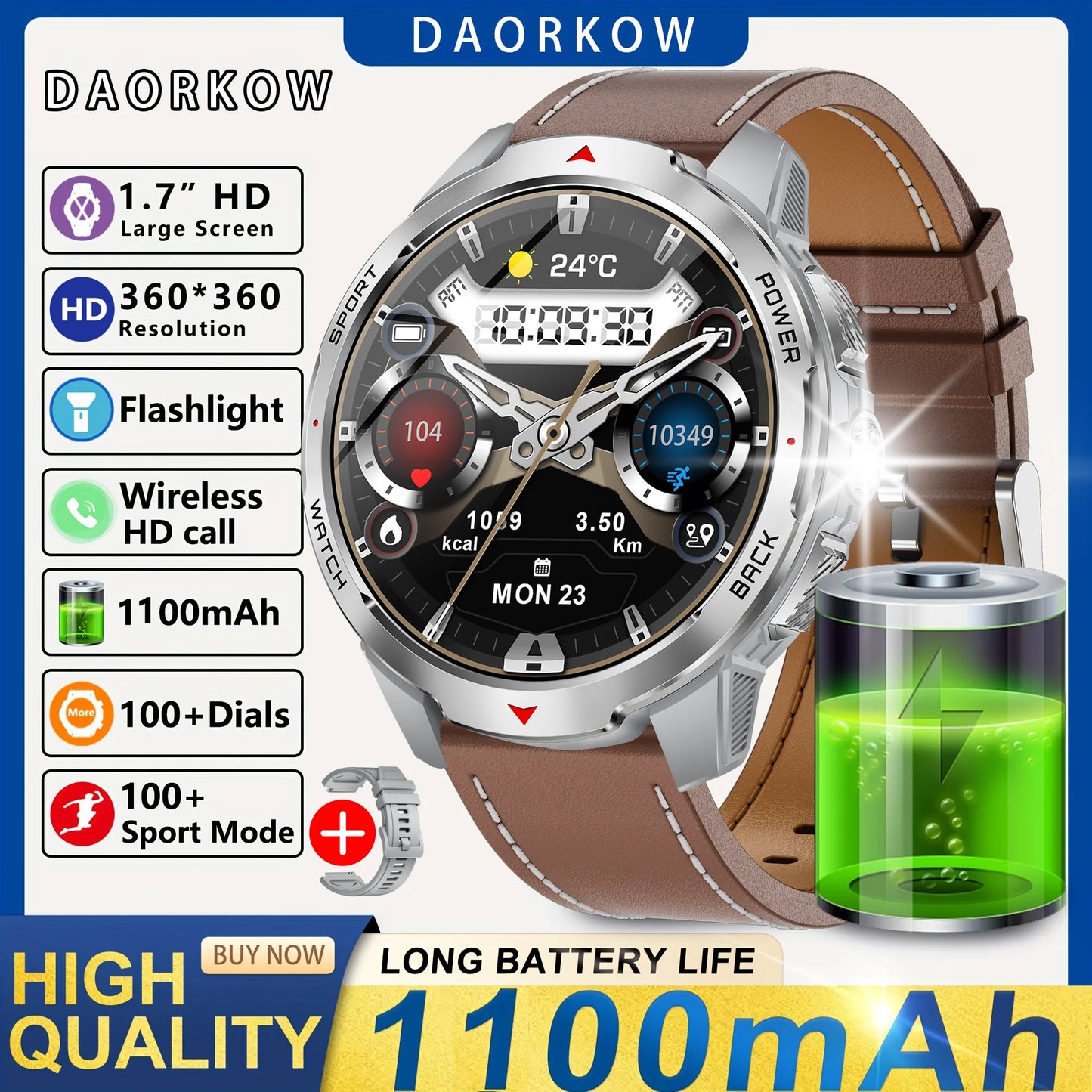 Smart Watch LED Flashlight Outdoor KT88 Compass Wireless call Men Multi-Sport