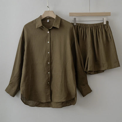 Women 2025 Summer Casual Linen Blouse Shorts Sets