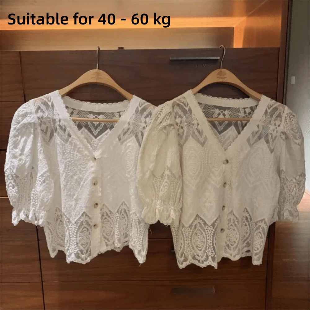 New Lace Hollow Out Bubble Sleeve Shirt Elegant V-neck Button Up Shirt Sweet Short Sleeve Blouses Summer
