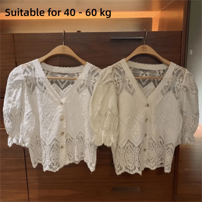 New Lace Hollow Out Bubble Sleeve Shirt Elegant V-neck Button Up Shirt Sweet Short Sleeve Blouses Summer