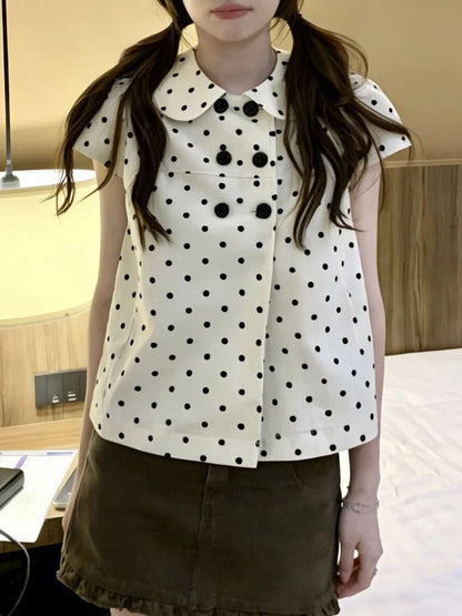 Aoaiiys Dot Shirts Women Peter Pan Collar Short Sleeve Shirt Sweet Fashion Casual Blouse Summer New Comfortable Female Tops