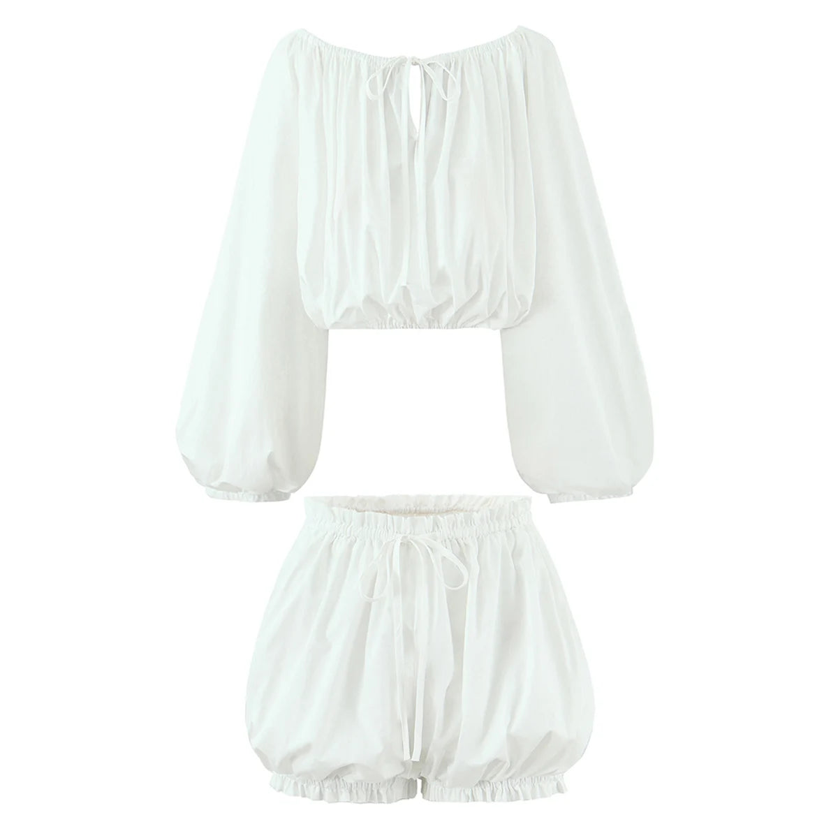 2 pieces 1 set Spring Summer White Elastic Slash Shoulder Lantern Sleeve Shirt + Wood ears Elastic Waist BUD Mini Shorts Suits
