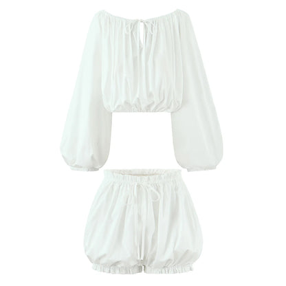 2 pieces 1 set Spring Summer White Elastic Slash Shoulder Lantern Sleeve Shirt + Wood ears Elastic Waist BUD Mini Shorts Suits