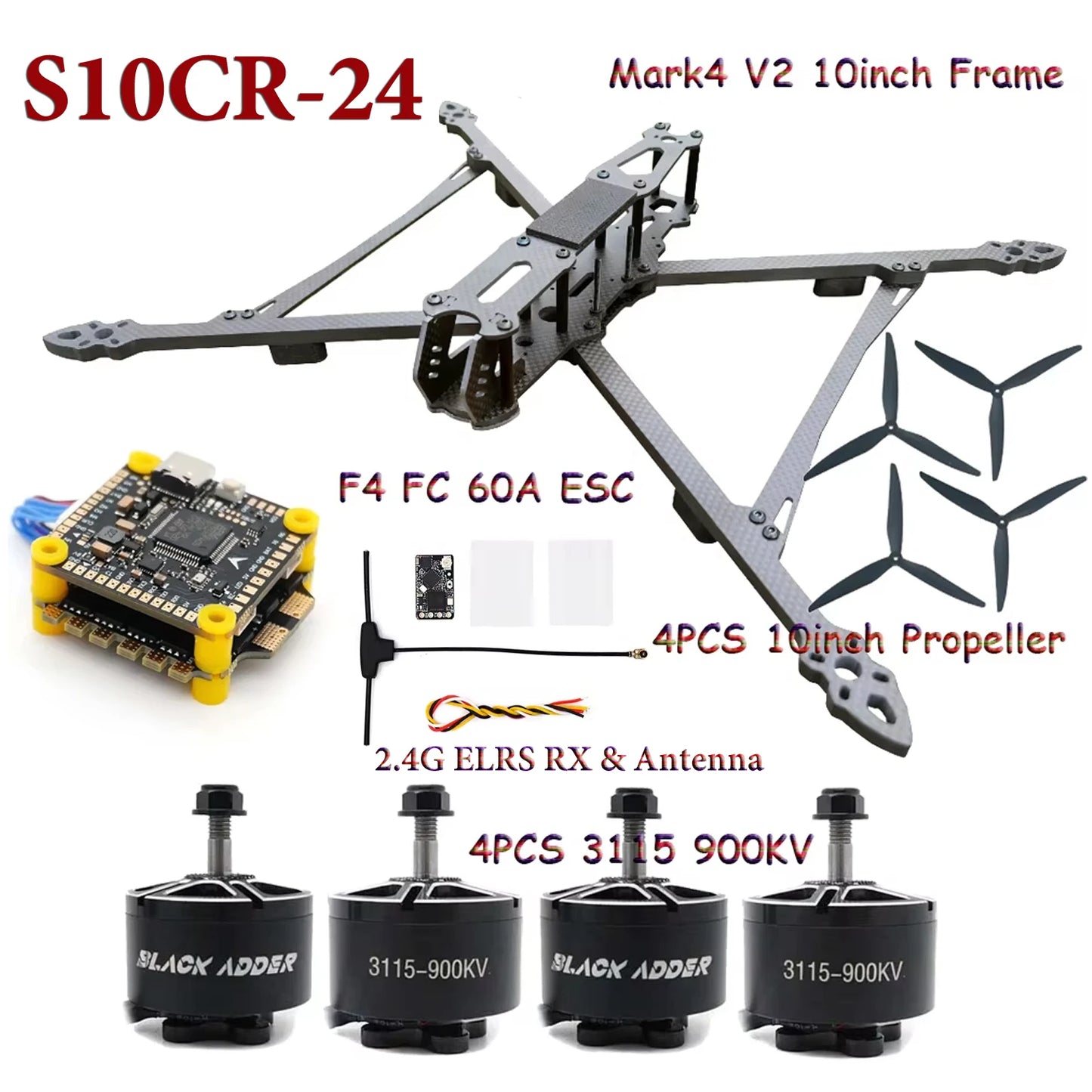 Mark4 V2 10inch FPV Frame Combo Set F405 V3S FC 60A 4-in-1 ESC 3115 900KV Motor Propeller ELRS for RC FPV Freestyle Racing Drone