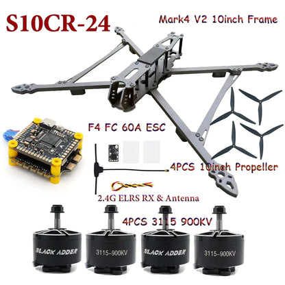 Mark4 V2 10inch FPV Frame Combo Set F405 V3S FC 60A 4-in-1 ESC 3115 900KV Motor Propeller ELRS for RC FPV Freestyle Racing Drone