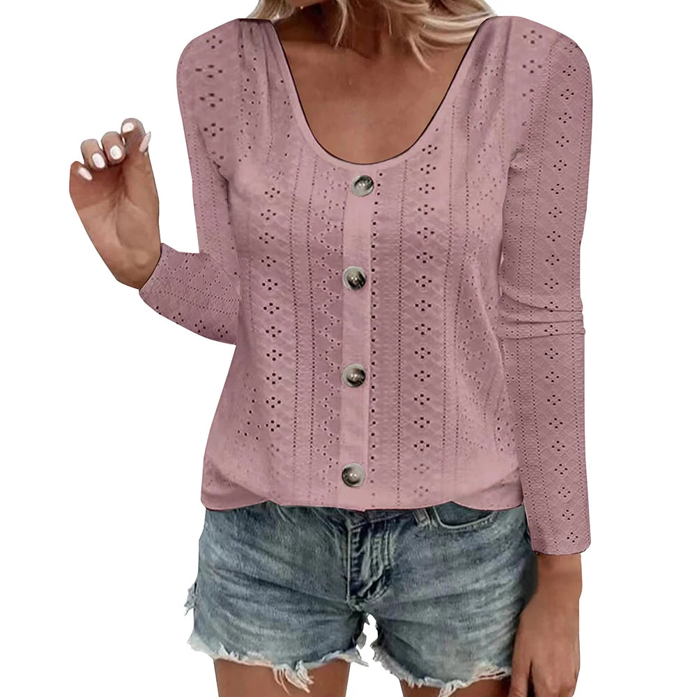 Womens Long Sleeve Tops 2026 Lace Crochet Casual Shirts Button Down V Neck Blouses Dressy Trendy Fashion Fall Clothes