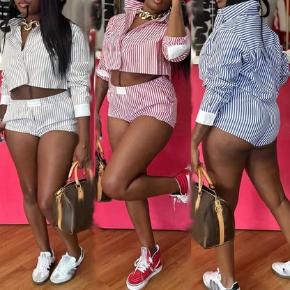 HLJ Spring Summer Ladies Shorts Outfits Stripes Crop Shirt Top + Shorts Two Piece Set Casual Matching Women 2 Piece Clothing Set
