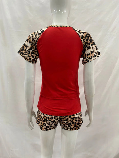 2026 summer new American retro leopard print patchwork short sleeved shorts set Y2K punk street fashion trend casual spicy girl
