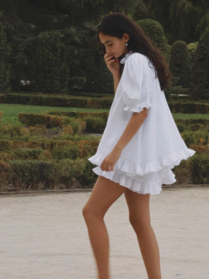 Women 2 Piece Shorts Set Puff Sleeve Button Down Blouse And Ruffle Hem Shorts White Cotton Look Casual Outfits Summer Streetwear