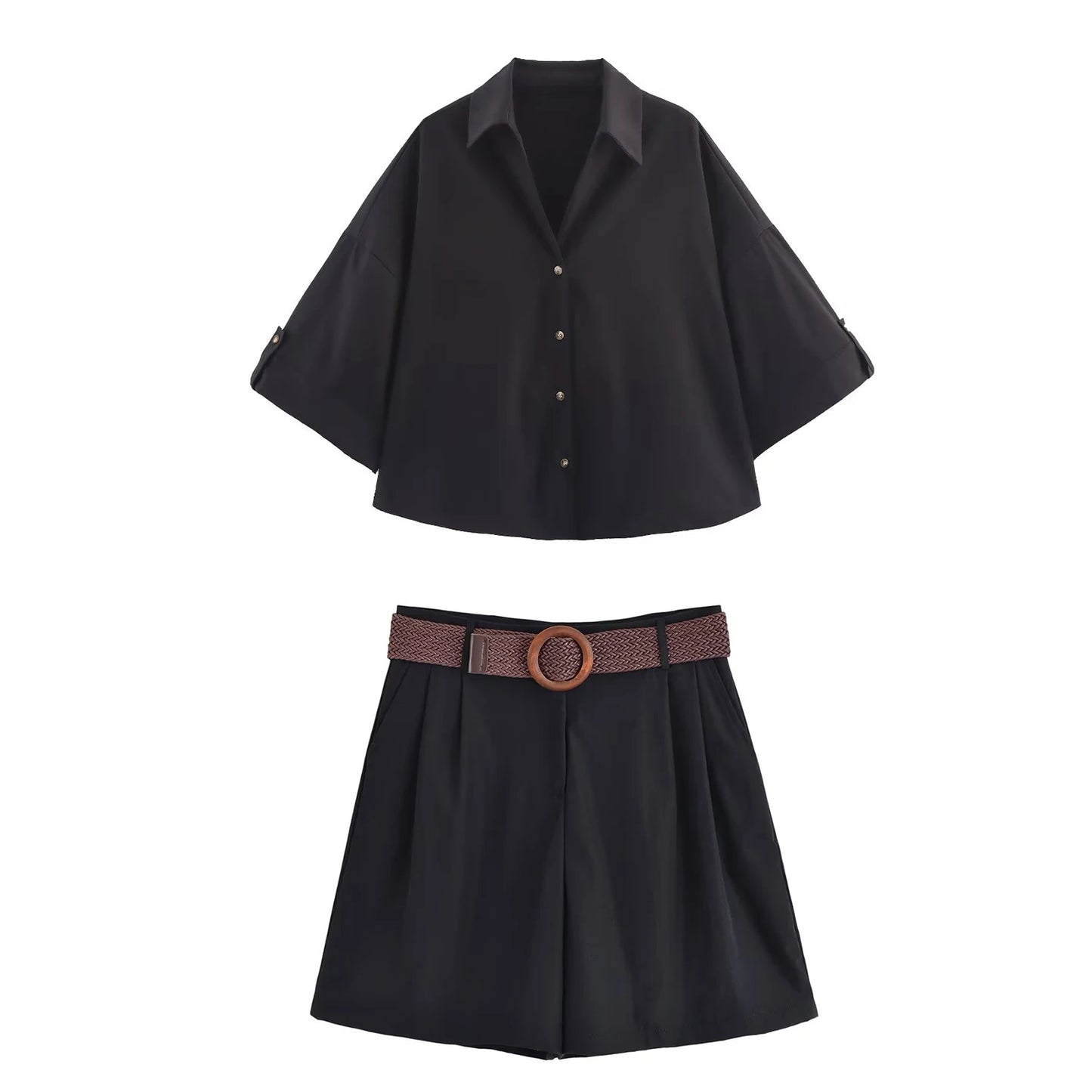 HH Women Elegant Turn-Down Collar Single-Breasted Shirts Top+Chic Mid Waist Belt Decoration Zipper Casual Shorts 2-Piece Set