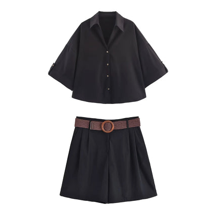 HH Women Elegant Turn-Down Collar Single-Breasted Shirts Top+Chic Mid Waist Belt Decoration Zipper Casual Shorts 2-Piece Set